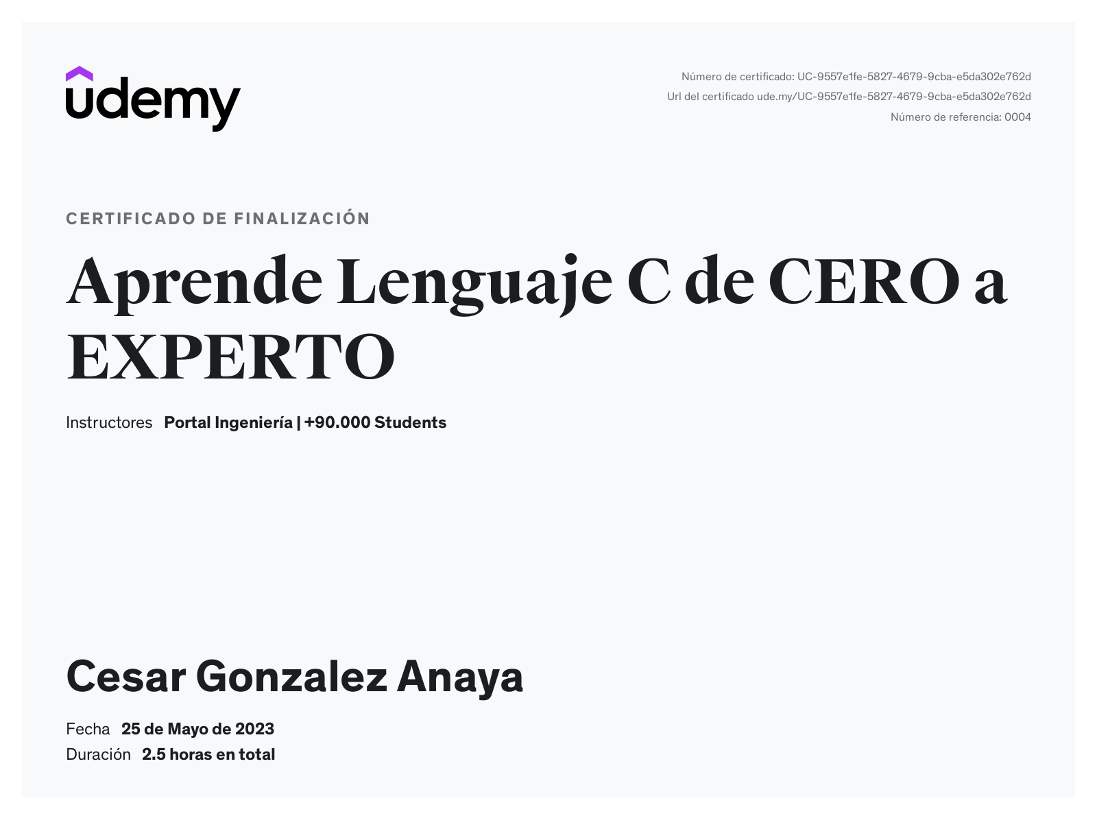 Certificado de Aprende Lenguaje C de CERO a EXPERTO